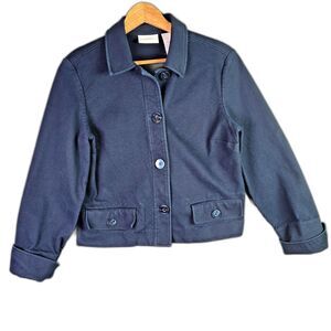 Liz Claiborne Jacket Navy 14 Pique Cotton Back Strap Button Front Preppy